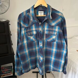 Ariat Retro Fit Plaid Snap Button Down Long Sleeve Western Shirt Blue Men’s XXL